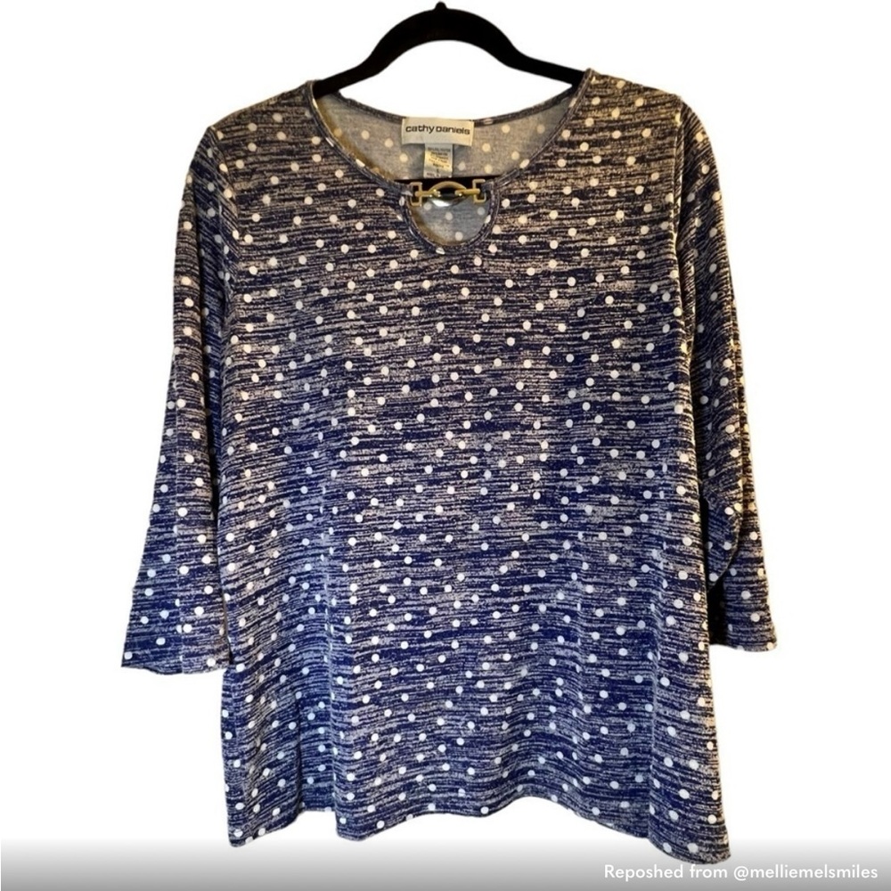 BUY 2 ITEMS GET 1 FREE -Cathy Daniels Blue & White Polka Dot 3/4 sleeve top Sz L